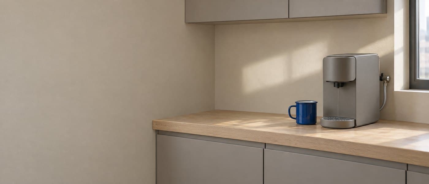 A grey single-serve brewer and a blue enamel mug on a wooden counter in a sunlit office kitchen.